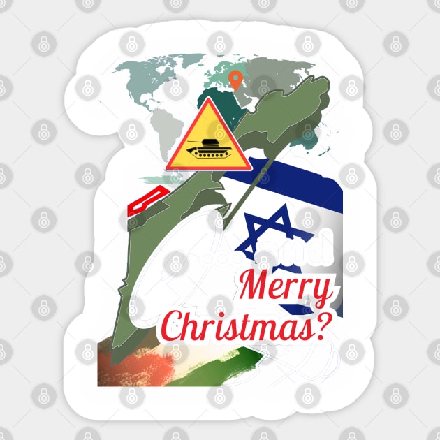 Merry Christmas holidays in the face of armed conflict in the middle east, flags of Israel and Palestine, tank and megaphone and world map Sticker by PopArtyParty